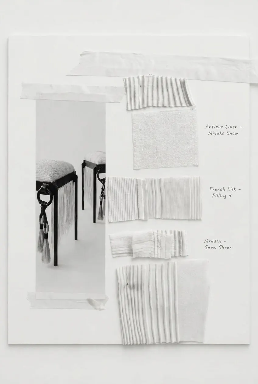 Atelier moodboard — tasseled bench portrait taped beside antique linen, French silk, and Mruday snow sheer fabric swatches.